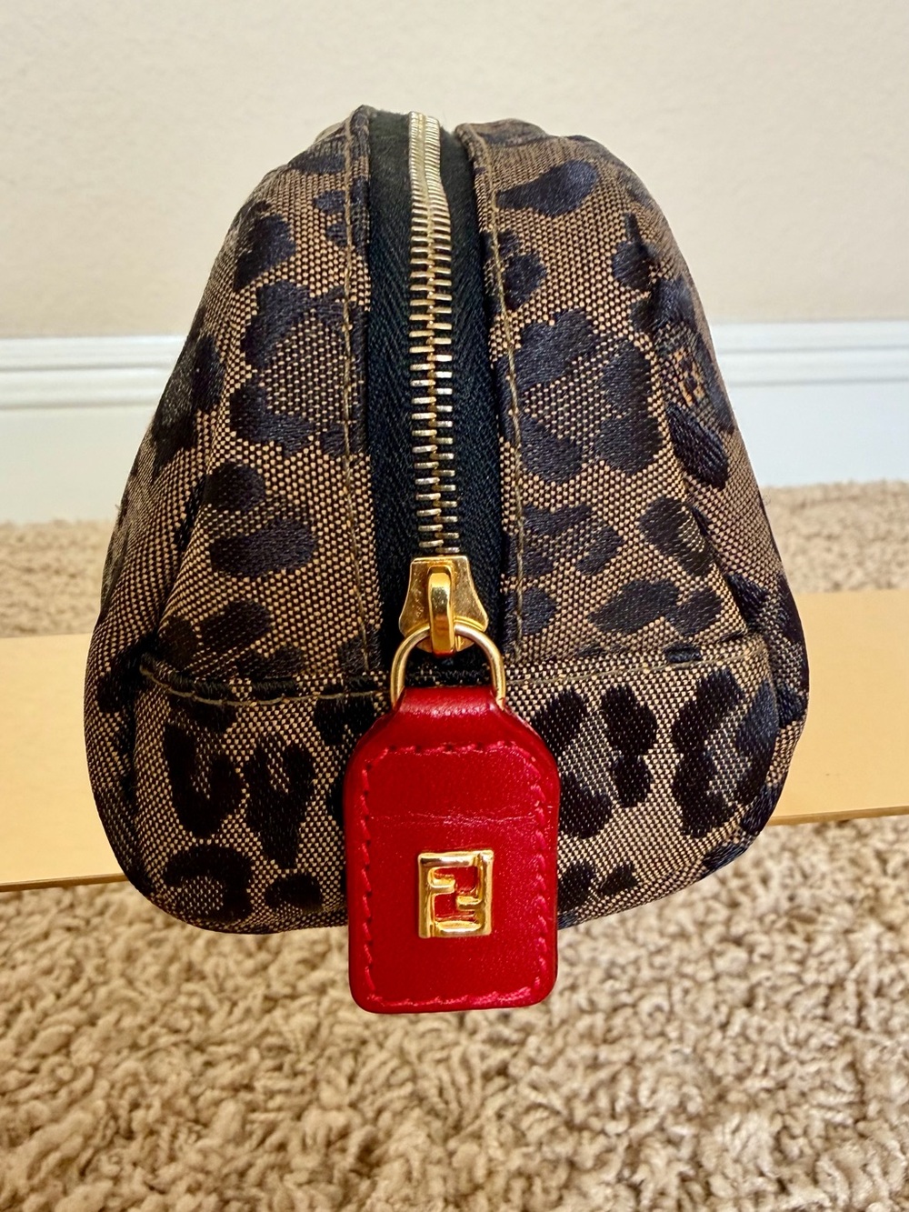 Authentic Fendi Leopard Print Cosmetic Pouch in Tan and Black,